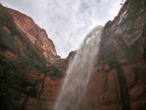 My friend Susie took me to see the ephemeral and beautiful waterfalls created by the unusually rainy weather here. They last perhaps less than an hour. This falls dropped into Moonflower Canyon where we stood (getting wet), The water then flowed into the Colorado River a few hundred yards way.